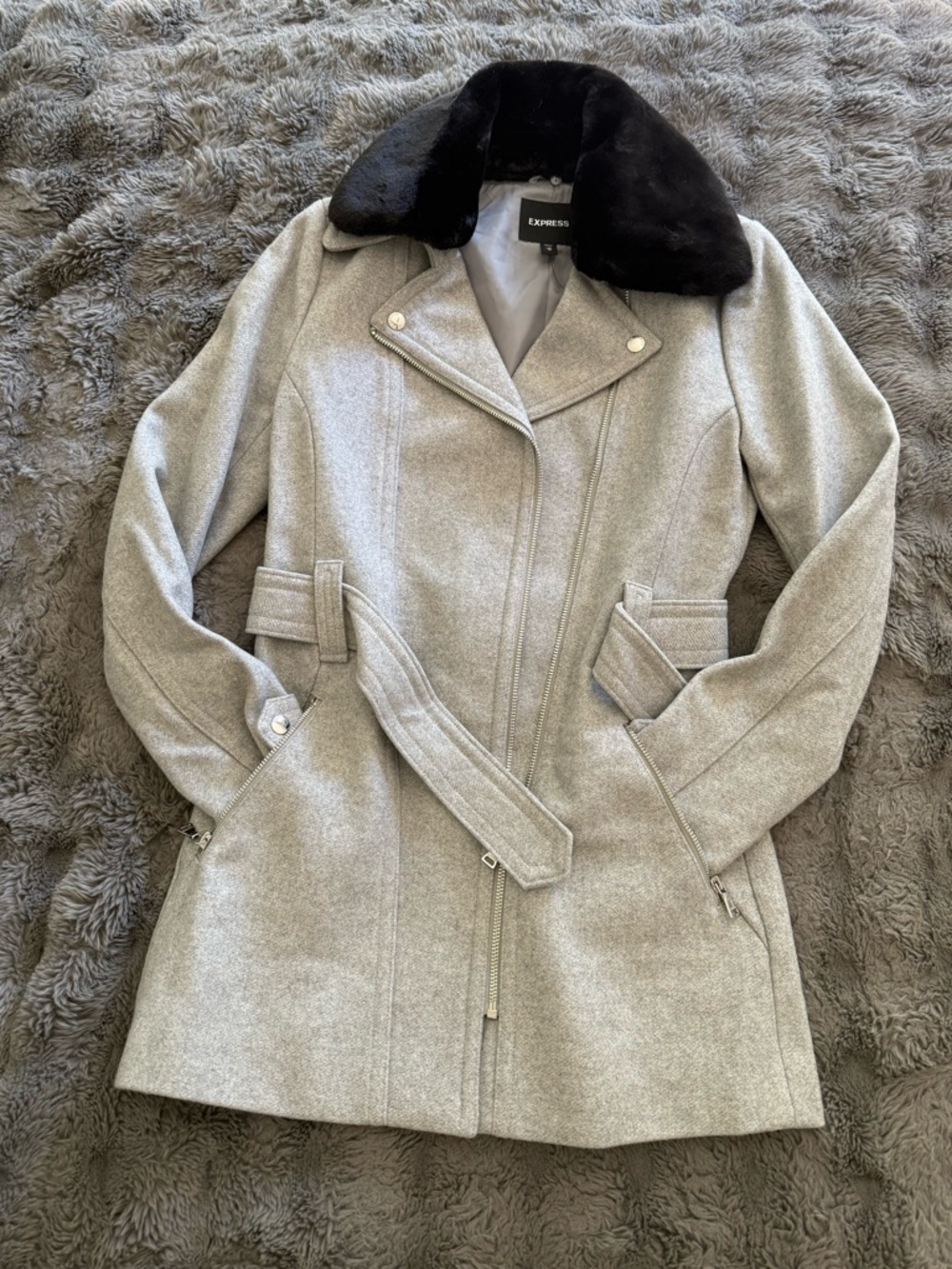 Express Light Gray Wool Trench Coat with Black Faux Fur Collar